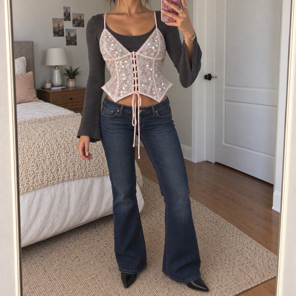 White Fox Blush Sequin Sheer Lace-Up Corset Top M